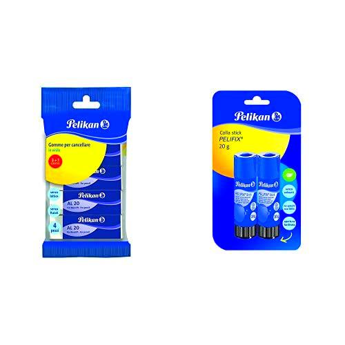 Pelikan Borrador Blanco AL20, Paquete de 4 Unidades + Barra de Pegamento Pelifix 20 g