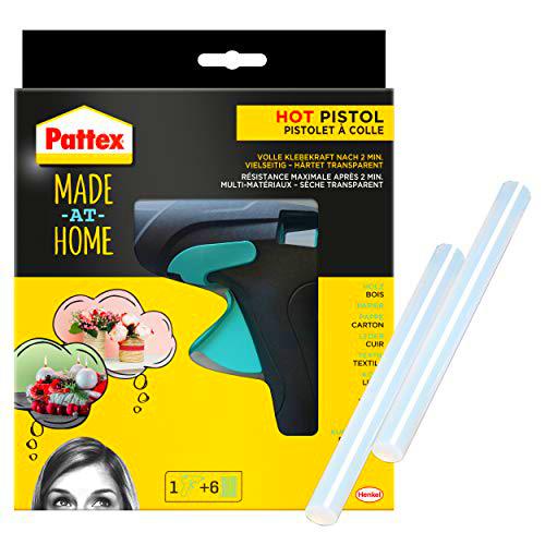 Pattex 9HPMHHPP1X - Pistola de pegamento caliente para trabajos creativos (1 pistola de pegamento y 8 barras de pegamento caliente (6 + 2 extra) con 11 mm de diámetro, 9HPMHHPP1X