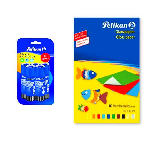 Pelikan 24005739 - Barra de pegamento Pelifix 20 g + Papel de color brillante engomado para trabajos creativos 10 hojas