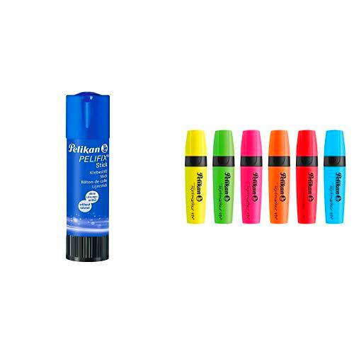 Pelikan Pelifix 335810 - Pegamento Stick + Rotuladores fluorescentes (6 unidades