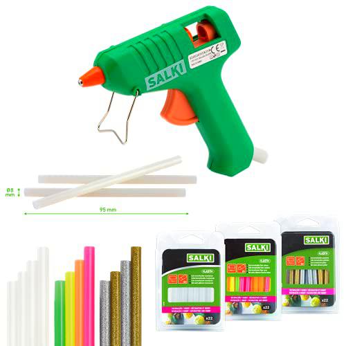 Pack Pistola de Encolar ESK 25W SALKI - Mini Aplicador de Silicona Caliente con Soporte + 3 Blíster de 22 Barras de Cola de 8mm de Diámetro de Distintos Colores