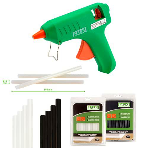 Pack Pistola de Encolar ESK 60W SALKI - Aplicador de Silicona Caliente con Soporte + 2 Blíster de 1/2Kg de Barras de Cola de 12mm de Diámetro de Distintos Colores