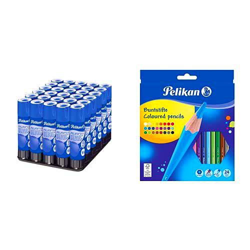 Pelikan Pelifix 335653 - Pegamento Stick, 10 gramos + Paquete de 24 lápices de colores surtidos