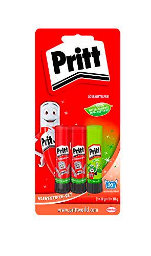 Pritt PK4GP Set de 3 barras de pegamento, 2 barras normales y 1 barra de color verde, 6 unidades